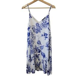 Lulu's Garden Bloom Blue & White Floral Print Ruffled Shift Tank Dress Size S